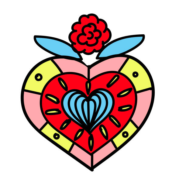 ilustrações de stock, clip art, desenhos animados e ícones de sacred mexican heart with flower. doodle style vector - mexican flame leaf