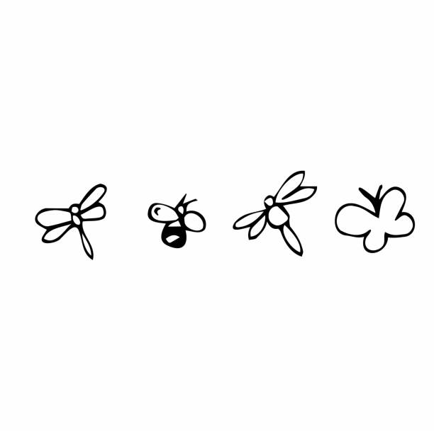 Vector spring set with flying insects illustration. Butterfly, dragonfly and bees Vector spring set with flying insects illustration. Butterfly, dragonfly and bees fly insect stock illustrations