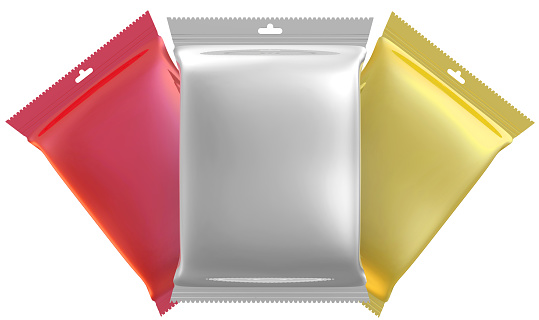 Three sealed packages from a polymeric film (flow-pack). Model of consumer packaging. Isolated. 3D Illustration