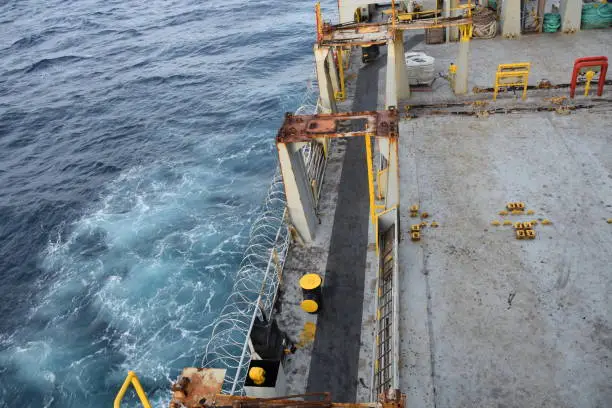 Photo of Stainless steel sharp razor wire or barbed wire attached to the ship hull, superstructure and railings to protect the crew against piracy attack.