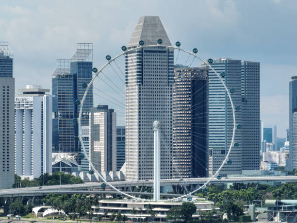 The Singapore Flyer Ferris Wheel seen during the day with financial district with crypto banks in the background. The Singapore Flyer Ferris Wheel is located in the middle of the city at Marina Bay.