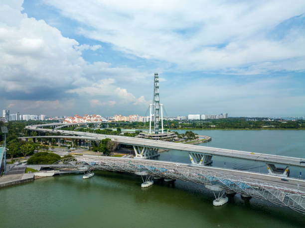 The Singapore Flyer Ferris seen behind a highway bridge built above the Singapore River. Seen a cloudy summer day.
