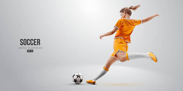 ilustrações, clipart, desenhos animados e ícones de mulher jogador de futebol em ação isolado fundo branco. ilustração vetorial - soccer soccer player sport playing