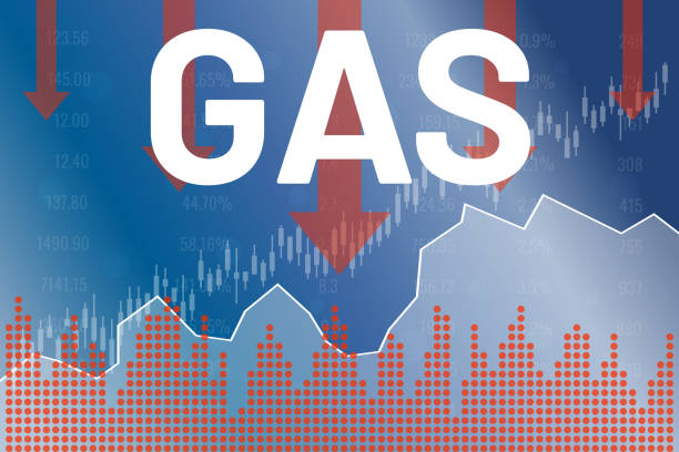 istock Text Gas on blue and red finance background from columns, line, candlestick, world map 1366398055