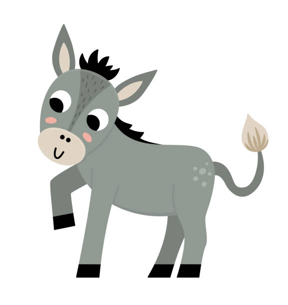 illustrazioni stock, clip art, cartoni animati e icone di tendenza di icona dell'asino vettore. simpatica illustrazione di burro del fumetto per bambini. animale da fattoria isolato su sfondo bianco. immagine colorata del bestiame piatto per i bambini - tame