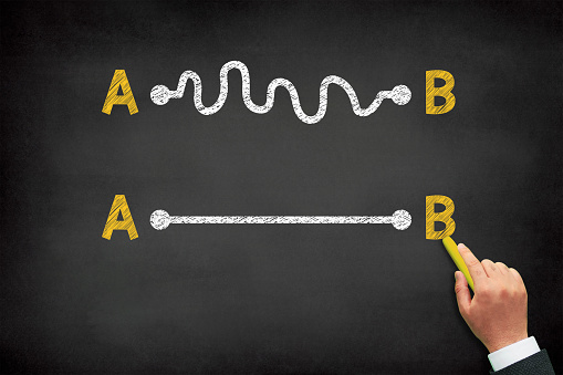 Finding the best way from point A to B concept on blackboard