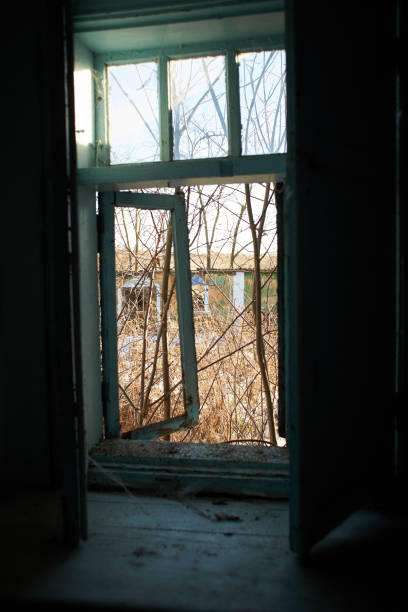 istock Old window with cobweb in old abandoned yard. View from indoor 1366402853