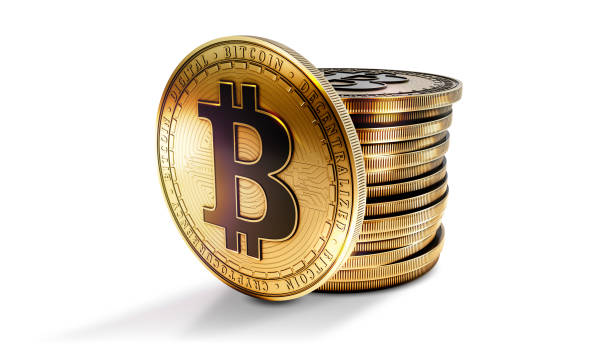 Bitcoin Bitcoin with group of coins isolated on the white background. Decentralized digital cryptocurrency symbol. 3D illustration. blockchain clipart stock illustrations