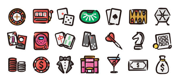 Casino and Gambling icon set for graphic (Hand draw color version) This is a set of casino and gambling icons. This is a set of simple icons that can be used for website decoration, user interface, advertising works, and other digital illustrations. pachinko machine stock illustrations