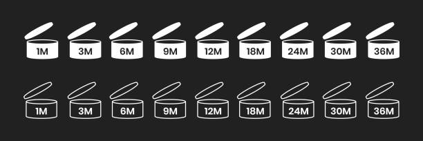 пао, период после открытия иконки знак устанавливает плоский стиль дизайна векторной иллюстрации, изолированной на черном фоне. - 12 18 months stock illustrations