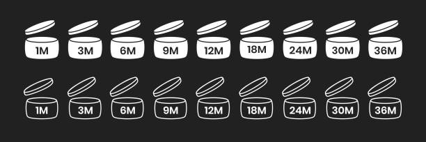 пао, период после открытия иконки знак устанавливает плоский стиль дизайна векторной иллюстрации, изолированной на черном фоне. - 12 18 months stock illustrations