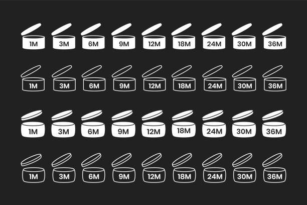 pao, 오픈 아이콘 사인 세트 플랫 스타일 디자인 벡터 일러스트레이션 후 기간 은 검은 색 배경에 격리. - 12 18 months illustrations stock illustrations