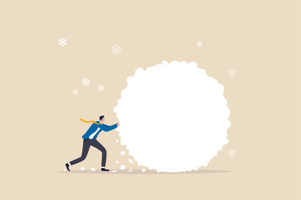 Snowball effect from small build up larger with potential risk, financial growth or mistake concept, businessman investor rolling large snowball build up from small getting bigger. vector art illustration