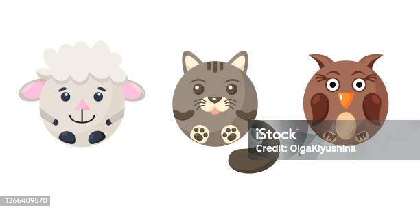 Cute Cartoon Round Animal Sheep Cat Owl Face Vector Zoo Sticker Isolated On  White Background Vector Illustration Stock Illustration - Download Image  Now - iStock