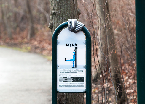 North Babylon, New York, USA - 28 December 2021: A sign on an exercise fitness trail advising how to do leg lifts in Belmont Lake State Park.