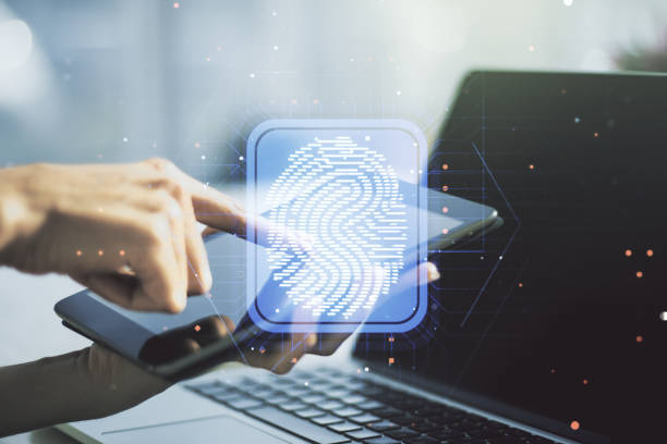 istock Abstract creative fingerprint concept with finger clicks on a digital tablet on background. Multiexposure 1366412163