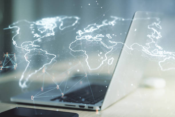 istock Double exposure of abstract digital world map on computer background, big data and blockchain concept 1366412200