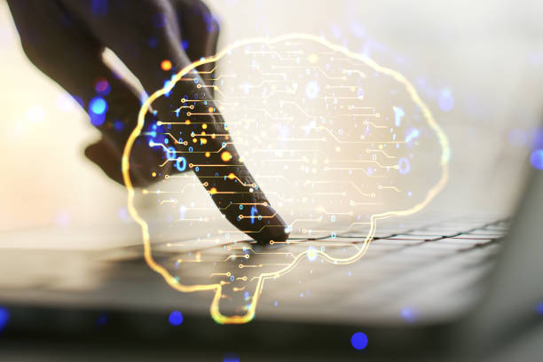 istock Double exposure of creative human brain microcircuit with hand typing on computer keyboard on background. Future technology and AI concept 1366412290