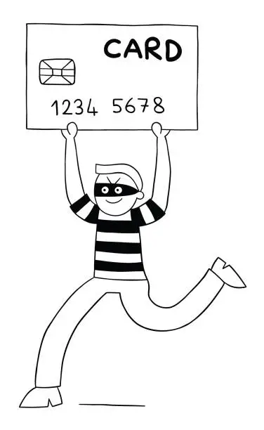 Vector illustration of Cartoon thief man stole credit card and runs, vector illustration