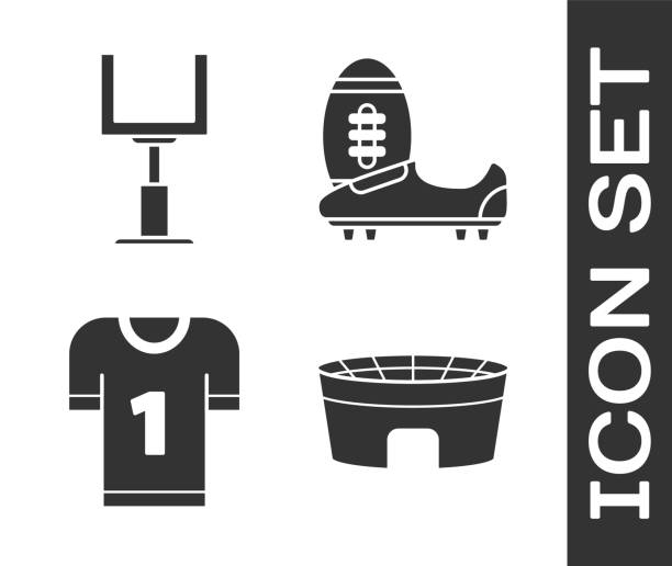 Set Football stadium, American football goal post, American football jersey and Soccer or football shoes with spikes icon. Vector Set Football stadium, American football goal post, American football jersey and Soccer or football shoes with spikes icon. Vector rugby jersey stock illustrations