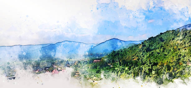Abstract tree and mountain range on watercolor illustration painting background.