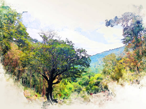 istock Abstract tree and mountain range on watercolor illustration painting background. 1366415245
