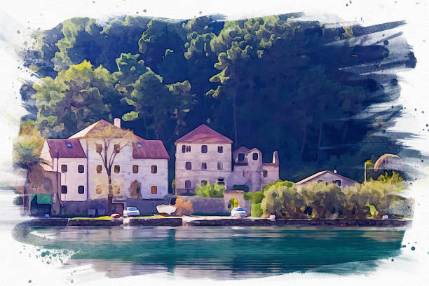 istock Watercolor drawing picture landscape view of Kotor Montenegro. 1366416420