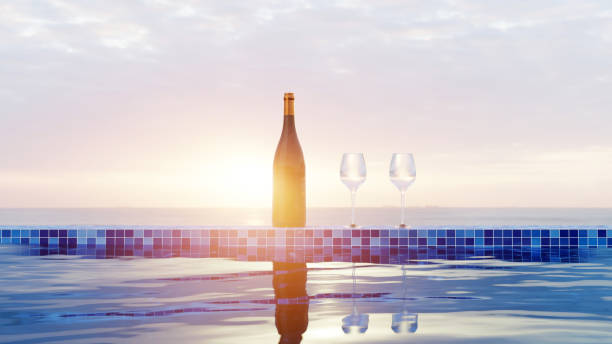 istock Wine concept with sunset and swimming pool, bottle and two goblet glass 1366416527