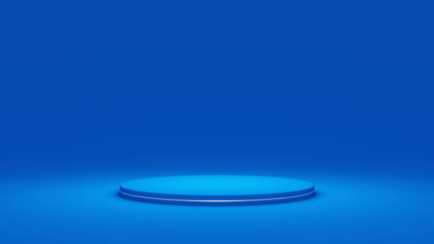 istock Abstract minimal scene with geometric forms. roller podium on blue background. product presentation, mock up, product show, podium, stage pedestal or platform. 1366416566