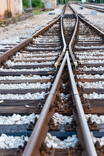 Intersection of two railroad tracks. Bulgaria, Europe.