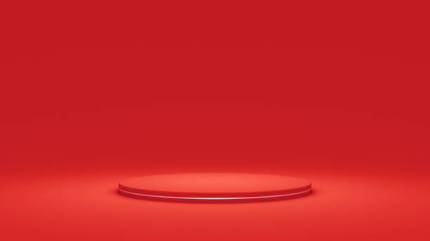 istock Abstract minimal scene with geometric forms. roller podium on red background. product presentation, mock up, product show, podium, stage pedestal or platform. 1366416575