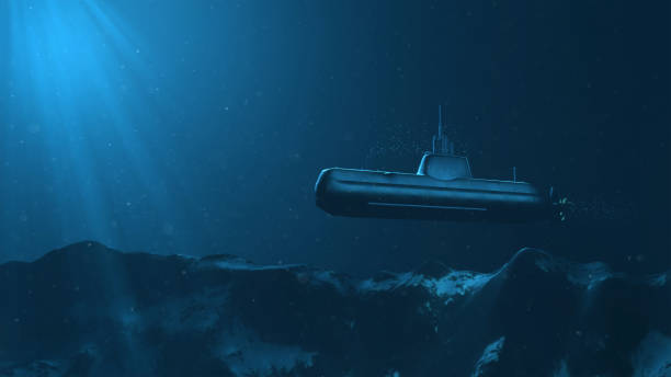 istock Submarine in the sea with rock background and light. 3d rendering 1366416699