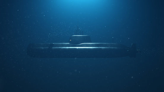 submarine in the sea with water bubble background. 3d rendering