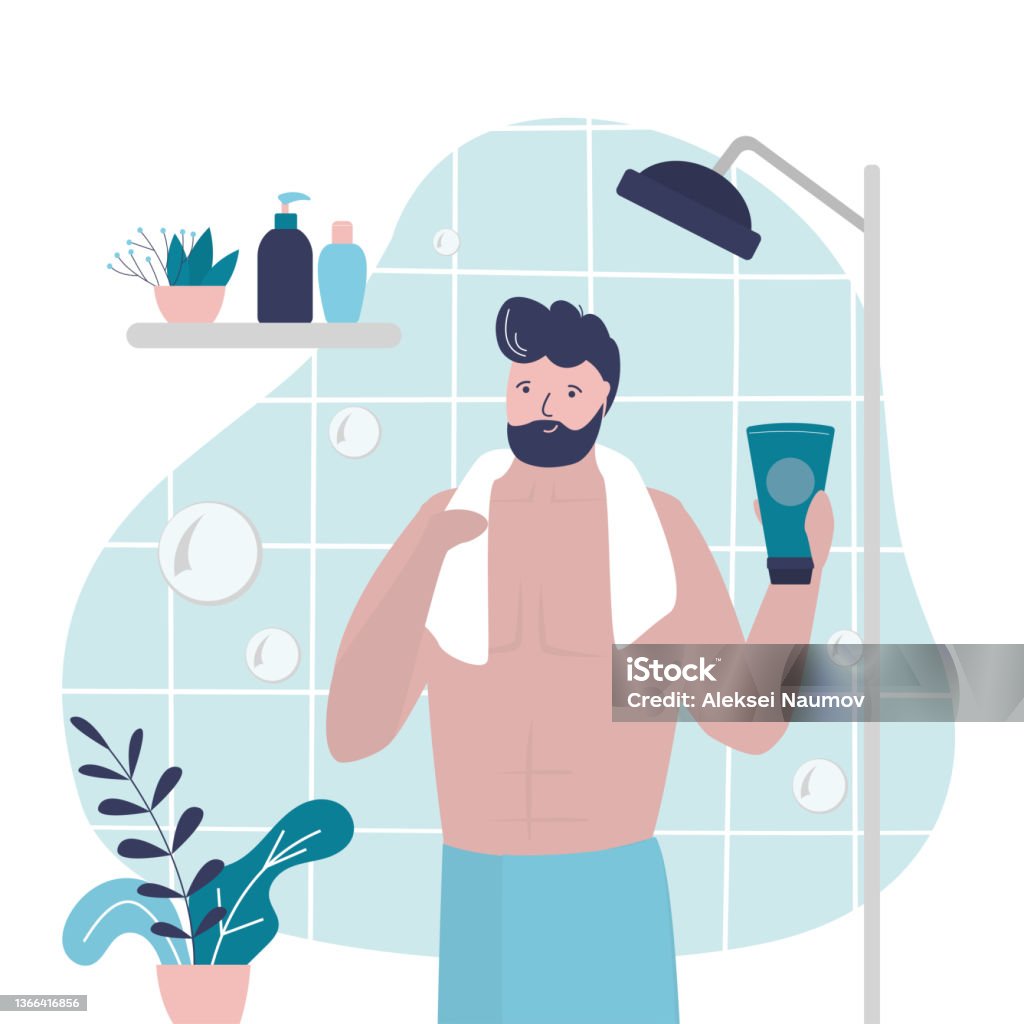 Handsome Man Styling Hair With Gel After Bath Male Character Demonstrates  His Hair Care Guy Standing After Shower Wrapped In Towel Stock Illustration  - Download Image Now - iStock