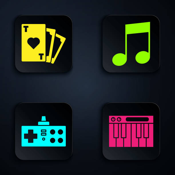 musiksynthesizer einstellen, spielkarte mit herzsymbol, gamepad und musiknote, ton. schwarze quadratische taste. vektor - silhouette poker computer icon symbol stock-grafiken, -clipart, -cartoons und -symbole