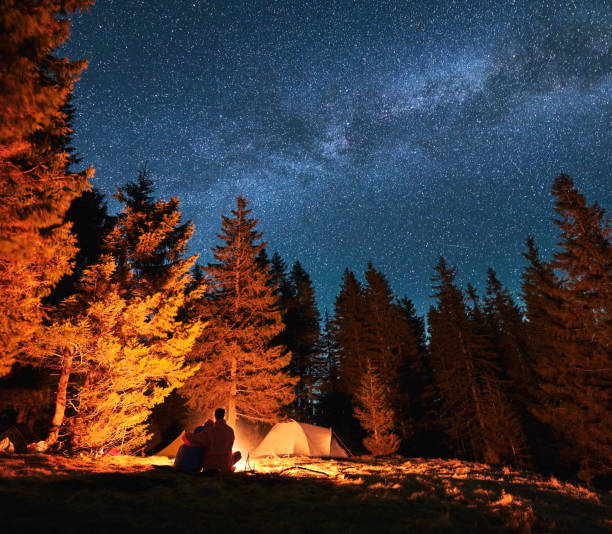 istock Beloved pair resting in campsite at starry evening outdoors. 1366419152