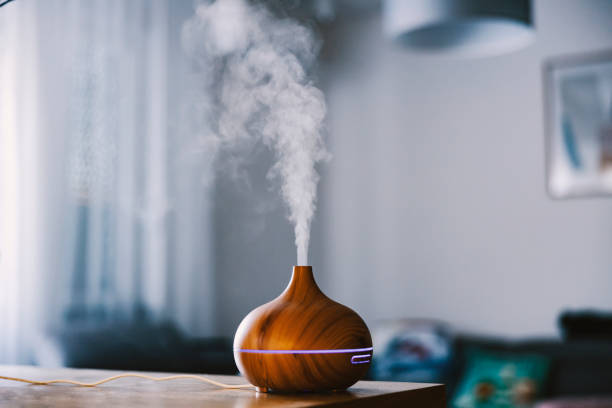 humidifier with steam moisturizing air at home. - aromatic oil burner imagens e fotografias de stock