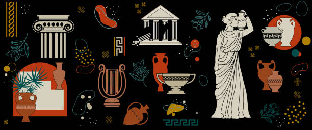 Greek antique statues background A set of antique ancient Greek statues, jugs, amphorae, vases and column capitals. Vector abstract background with elements of Greek ornament. ancient greece stock illustrations