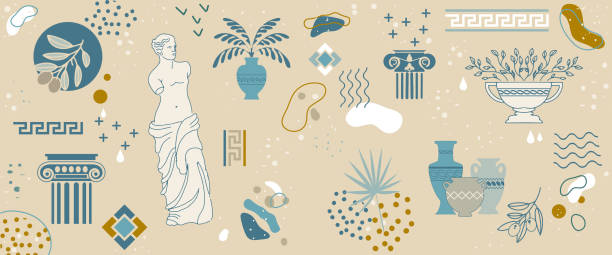 Greek antique statues background A set of antique ancient Greek statues, jugs, amphorae, vases and column capitals. Vector abstract background with elements of Greek ornament. marble cartoons stock illustrations
