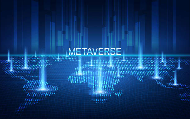 stockillustraties, clipart, cartoons en iconen met metaverse, virtual reality, augmented reality and blockchain technology, user interface 3d experience. word metaverse with world map globe in futuristic environment background. - metaverse