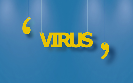 Virus text in yellow hanged with strings against blue background. High quality image with copy space to crop all your social media or print sizes.