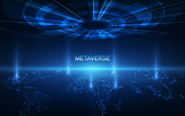 metaverse, virtual reality, augmented reality und blockchain-technologie, benutzeroberfläche 3d-erfahrung. word metaverse mit weltkarte globus in futuristischer umgebung hintergrund. - metaverse stock-grafiken, -clipart, -cartoons und -symbole