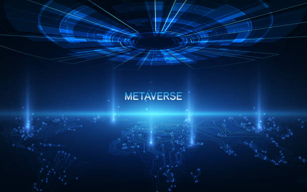 stockillustraties, clipart, cartoons en iconen met metaverse, virtual reality, augmented reality and blockchain technology, user interface 3d experience. word metaverse with world map globe in futuristic environment background. - metaverse