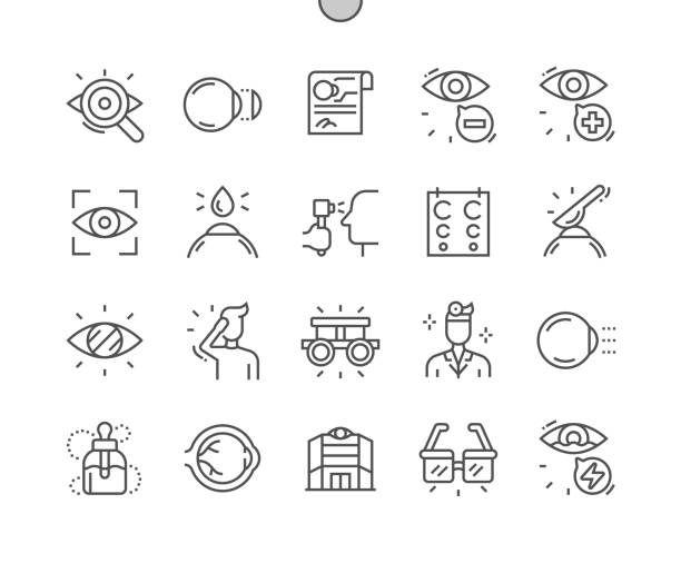 illustrations, cliparts, dessins animés et icônes de examen de la vue. lentilles de contact. clinique ophtalmologique. soins de santé, médicaux et médicaux. icônes pixel perfect vector thin line. pictogramme minimal simple - optics store