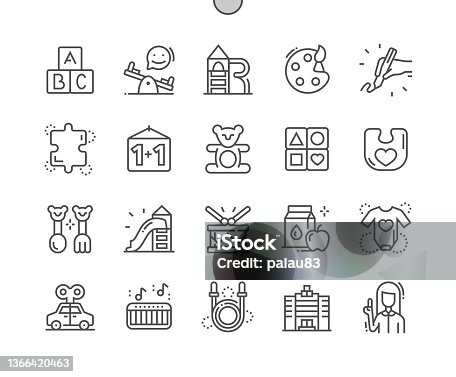 istock Kindergarten. Box of bricks. Playground. Puzzles and drawing. Children cutlery and toy. Kindergarten teacher. Pixel Perfect Vector Thin Line Icons. Simple Minimal Pictogram 1366420463