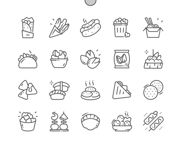 ilustraciones, imágenes clip art, dibujos animados e iconos de stock de aperitivo y snacks. burrito, churros, karaage, corndog, falafel, bruschetta. menú para restaurante y cafetería. comida rápida. iconos de línea delgada de pixel perfect vector. pictograma mínimo simple - quick cookies