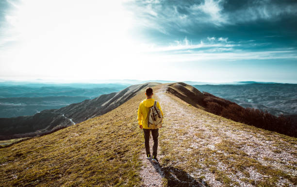 wanderer mit rucksack wandern auf dem gipfel eines berges - mann läuft bei sonnenuntergang auf waldweg - fokus auf dem kerl - laufbahn stock-fotos und bilder