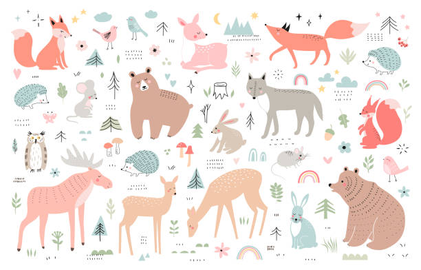 Woodland animals. Vector collection of forest elements. Woodland animals. Fox, bear, rabbit, squirrel, wolf, hedgehog, owl, deer, moose, mouse, birds. Vector collection of forest elements. scandinavian culture stock illustrations