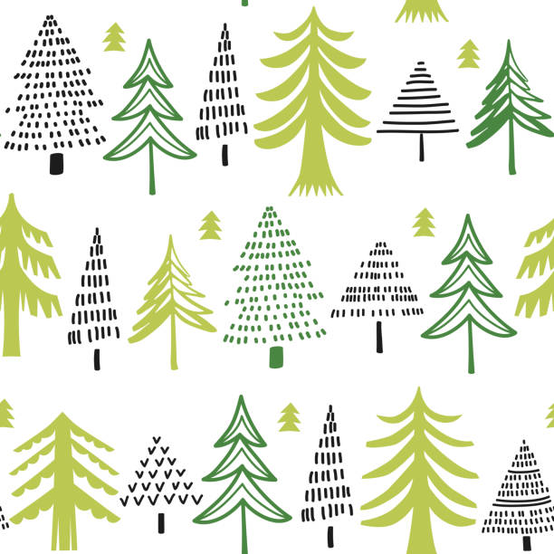 ilustrações de stock, clip art, desenhos animados e ícones de vector seamless pattern with pine trees on white background. stylized forest background. - grove