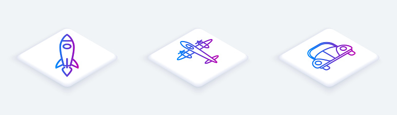 Set Isometric line Rocket ship with fire, Old retro vintage plane and Car Volkswagen beetle. White square button. Vector